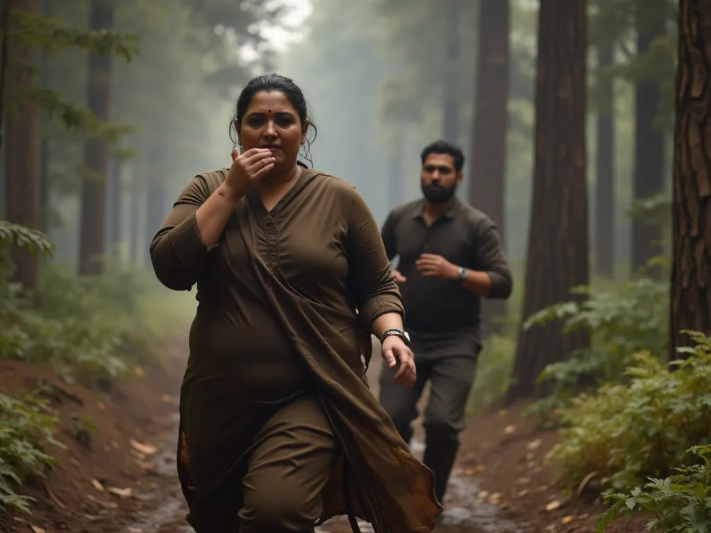 A 27 years old ,matured,american white woman with a large-sized, full figured body shape, ivory white round-shaped face.

She and her husband. She runs through a forest, coughing as smoke surrounds her, eyes searching for an escape.

✅ Outfit: A dark brown...