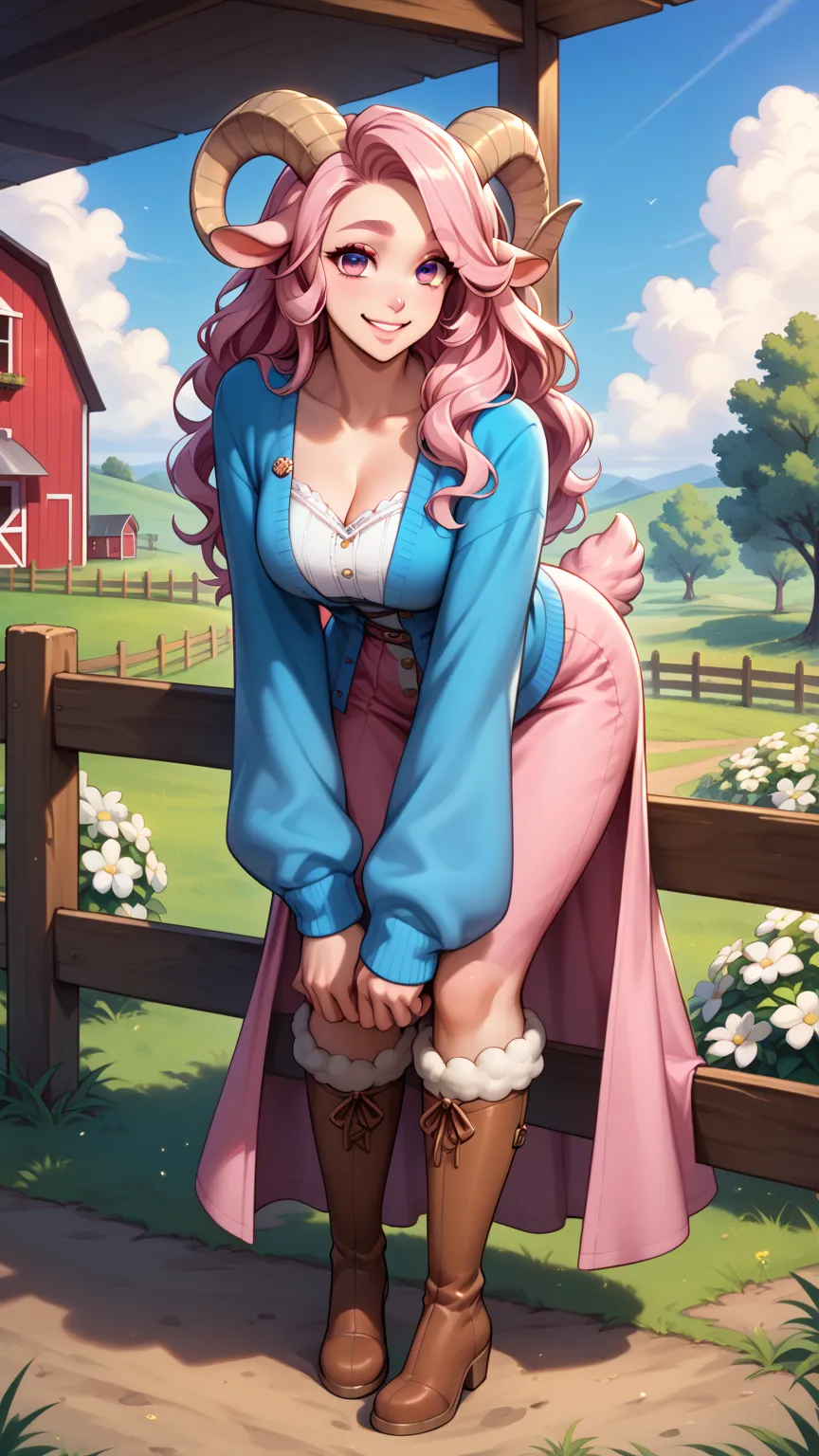 ((score_9, score_8_up, score_7_up, Top Quality)), ((Excellent)), (extremely detailed, absurdres, very aesthetic),  (highly detailed background, lighting), (1girl, Pink fluffy long hair, Gentle and thick eyebrows: 1.1, rounded ram horns, bent over:1.2,  Eye...