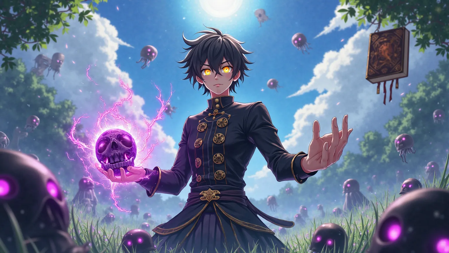 anime style, fantasy scene with the main character (25-year-old young man with black hair and glowing yellow eyes) in the center. He looks mysterious and powerful, dressed in black with gold patterns. His hand is extended forward, and in it a skull, emanat...