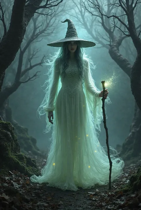 Draw an ethereal ghost of a witch, In a cursed forest. Add a hat and a cane