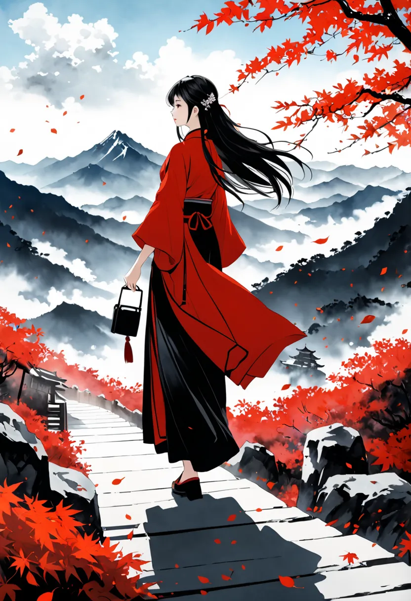 traditional Chinese ink painting,Yanagizhi ,Black and white ink painting , ( masterpiece,best quality),  vivid illustration ,Fallen Leaves,Bokeh, Mystery,Sky, Clouds ,Mountain,1 Girl, fan， long hair,black and red hanfu,Female walker