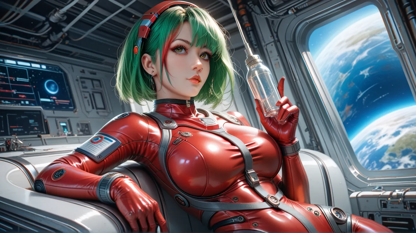 female astronaut, sexy, tight red clothing, large breasts,  beautiful body, using a communicator, metal exoskeleton, brown eyes, Green hair with red highlights, thick blue astronaut gloves; Environment:  space station ; futuristic style