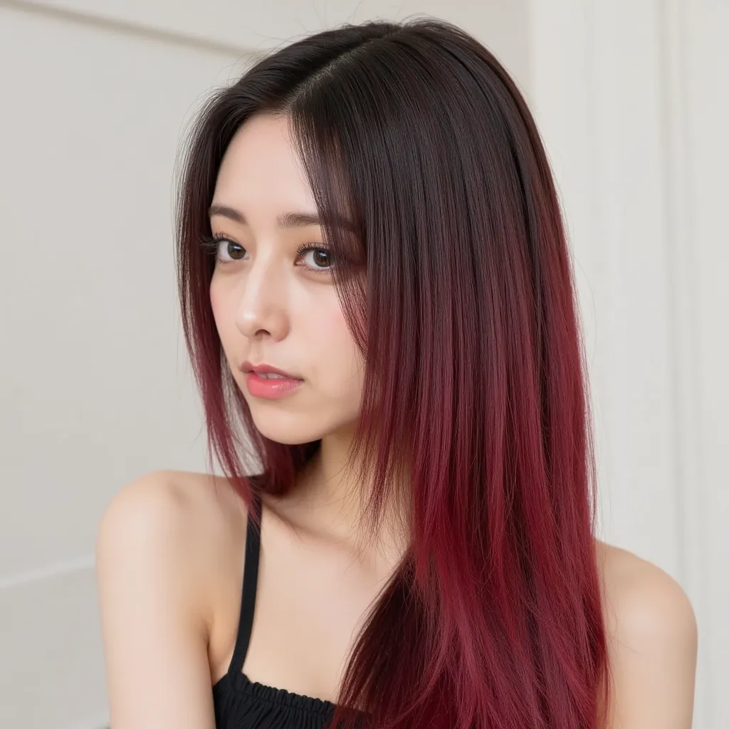 Silky smooth hair、Two-tone color with bright red hair and black hair、Flush the bangs、 hairstyle is straight、Long hair up to chest、