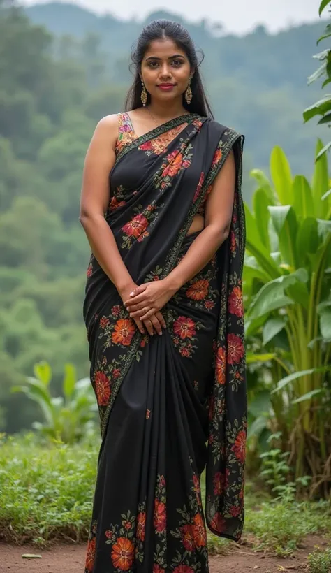 Kerala female young curvy shaped aged 25 outdoor photo in kerala wayanad.wearing floral sleeveless black
 sarees.Realistic photo.front photo.showing hip