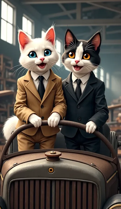 Prompt:
Realistic illustration of two dogs anthropomorphic cat wearing an official suit, sits on top of an old vehicle with a cheerful and passionate expression. The first cat is white with blue eyes, wearing a light brown suit and black tie, holding the s...