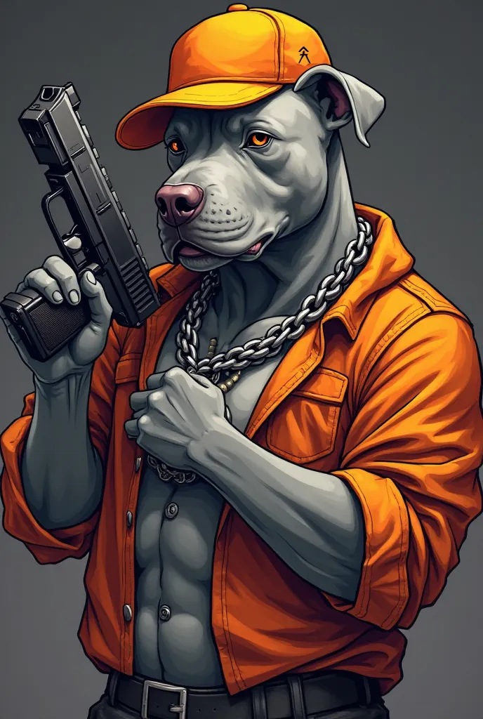 
I want a mascot of a gangster pitbull holding a gun with an orange shirt and gray skin, very gangster, holding a gun and a chain around his neck with an orange gangster cap with both hands holding a realistic gun for an e-Sports logo 