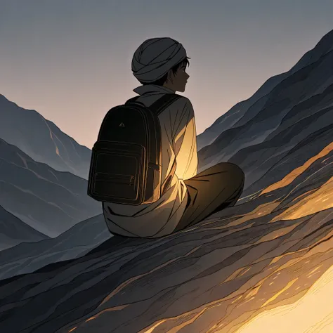 An anime Muslim boy with pagri, thinking like a philosopher, in, he is pleased, on a mountain, portrait from back, dark ambient, he has a backpack, cute, perfect, no ugliness