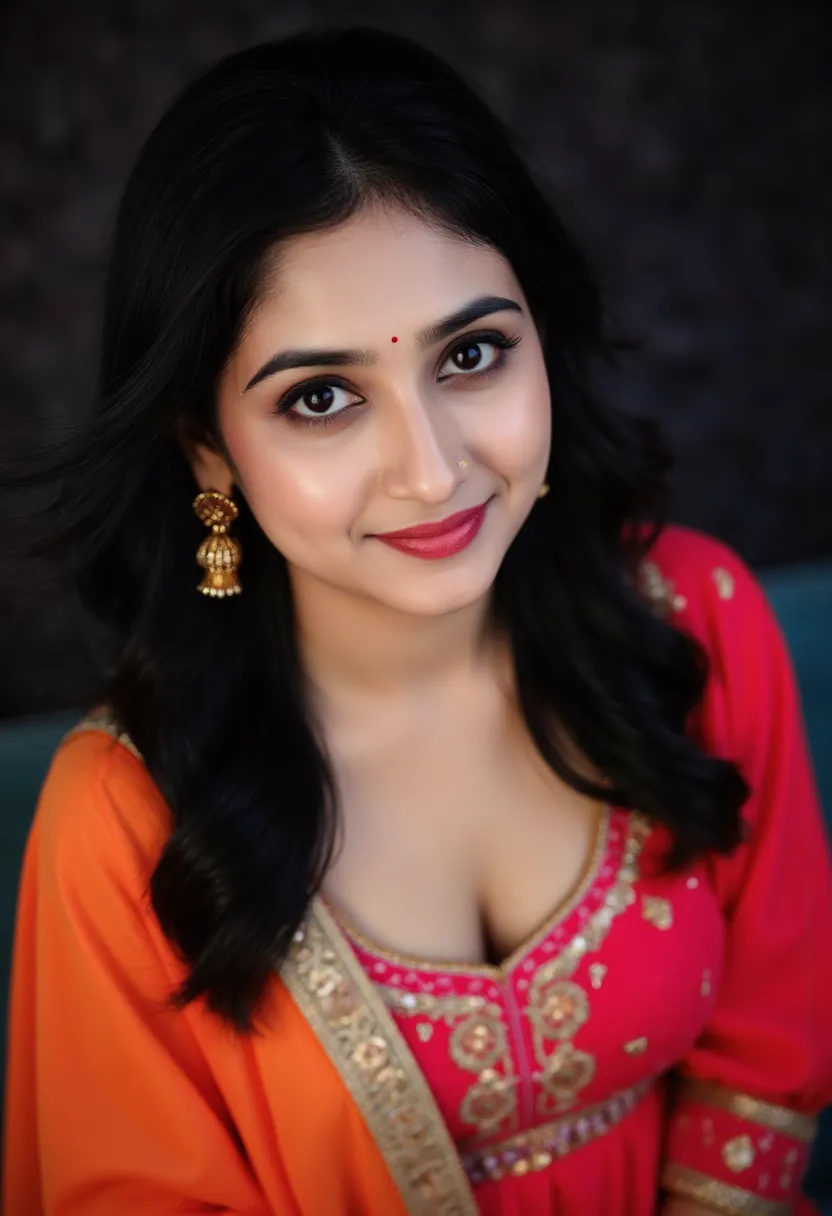 A high-angle portrait of a young woman, radiating joy and warmth. She is dressed in a vibrant traditional outfit, featuring elaborate embroidery with bright colors against a black background. The lighting is soft yet illuminates her facial features, highli...