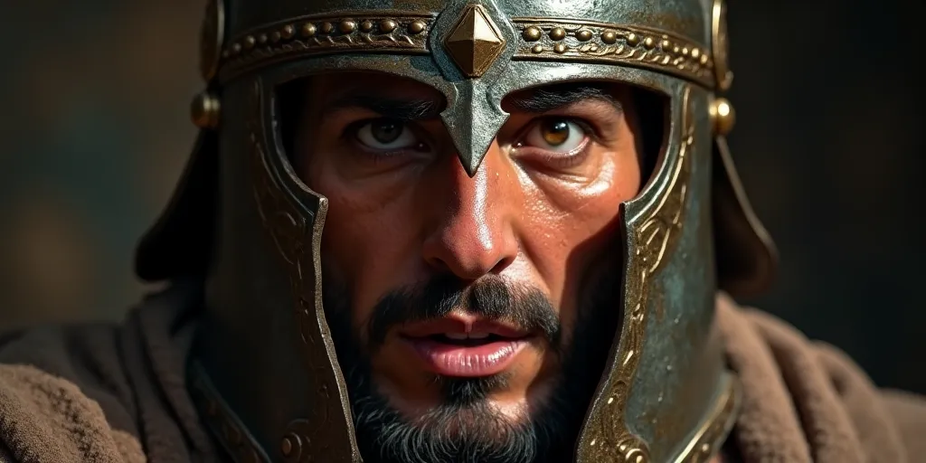 Full-face portrait of a terrified Persian warrior 600 BC,persian Helm bronzem, ultra-detailed, sweat glistening on his skin, eyes reflecting the colossal beast’s shadow, dramatic lighting highlighting his features, high tension, 4K quality, Hollywood cinem...