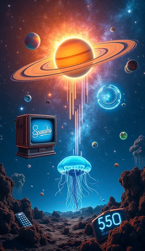 Main Text:**  
- "Did You Know? Part 13" (Large, bold futuristic font in glowing white or gold with a dark outline, placed at the top against a fiery reddish-orange gradient).  
- "🪐 Saturn’s Vanishing Rings 📺 1950 Wired Remote 🧬 Immortal Jellyfish!" (Smal...