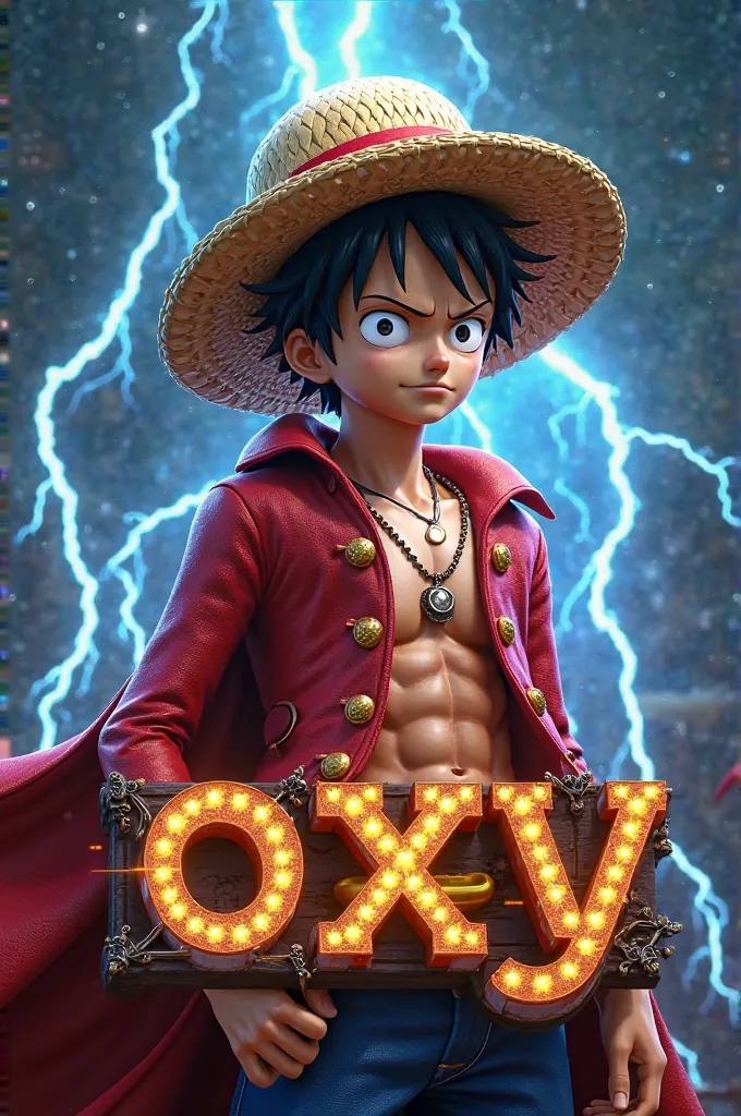 Small size Luffy 3D game logo with pirate king suit"And a straw hat "  cool with lightning effect inscribed  "OXY" By Badan 