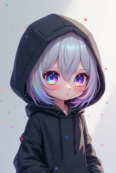 1 tiny anime guy wearing black hoodie,a little rainbow and white hair add rainbow eyes