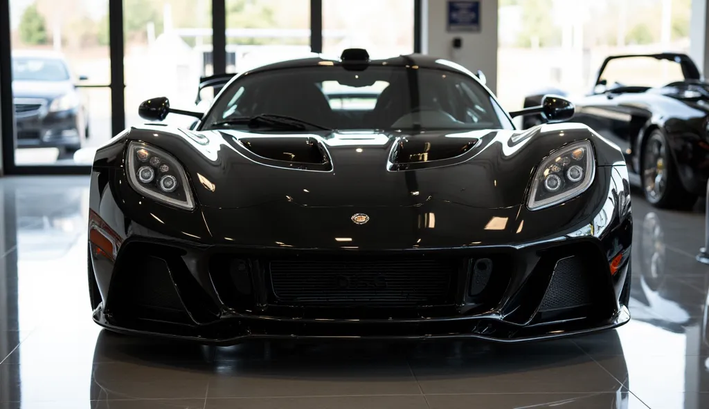 Realistic of futuristic 2025 Hennessy Venom GT, with modification, good looking, Bright Black color, front view, parked in luxury showroom 
The background features a contemporary showroom setting with polished floors and natural light, enhancing the car's ...