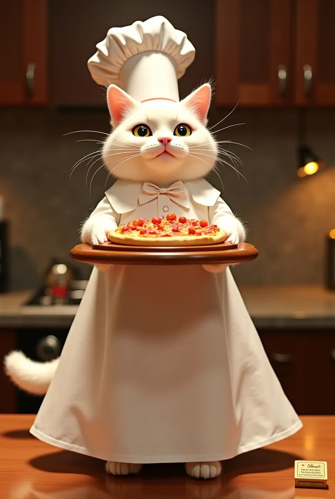 Stage 9: Presenting the Pizza with Pride
Standing tall, the 5-feet white cat, dressed in her wedding gown, proudly holds the finished pizza on a wooden tray. She smiles brightly, her chef’s cap still in place, and her dress flowing elegantly around her. A ...