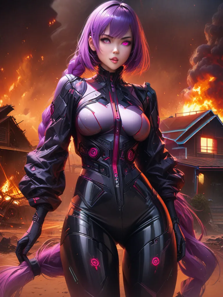 A   standing in front of a burning house, short hair, very long hair, purple hair, braid, breasts, pink eyes, tongue out, heterochromia, cyberpunk art, by Jason Benjamin, digital art, ultra realistic, ultra detailed, smooth art, orange sky, smoke, high res...