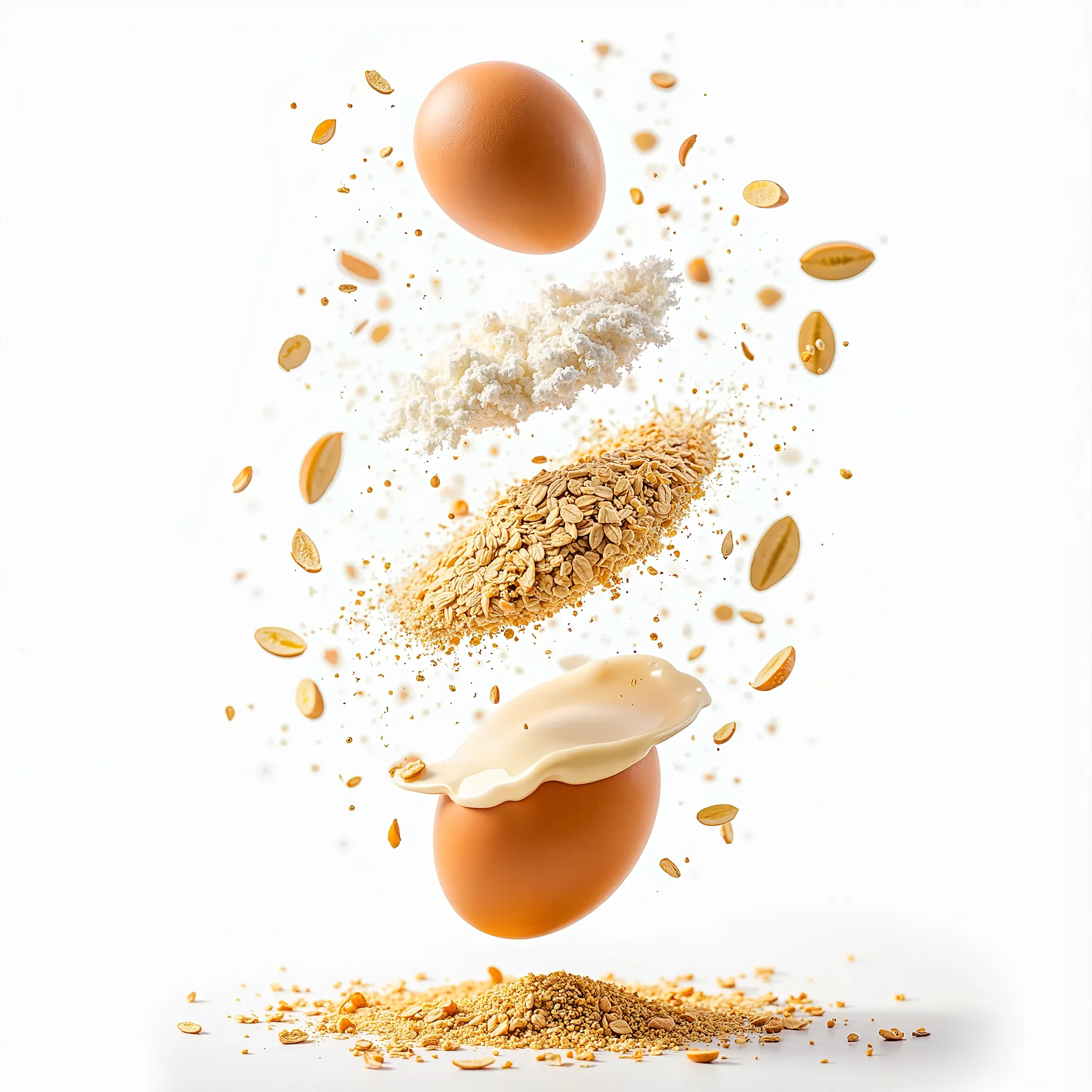 Grain, oat, eggs, flour, and bread crumbs sprayed across in the air on a white background