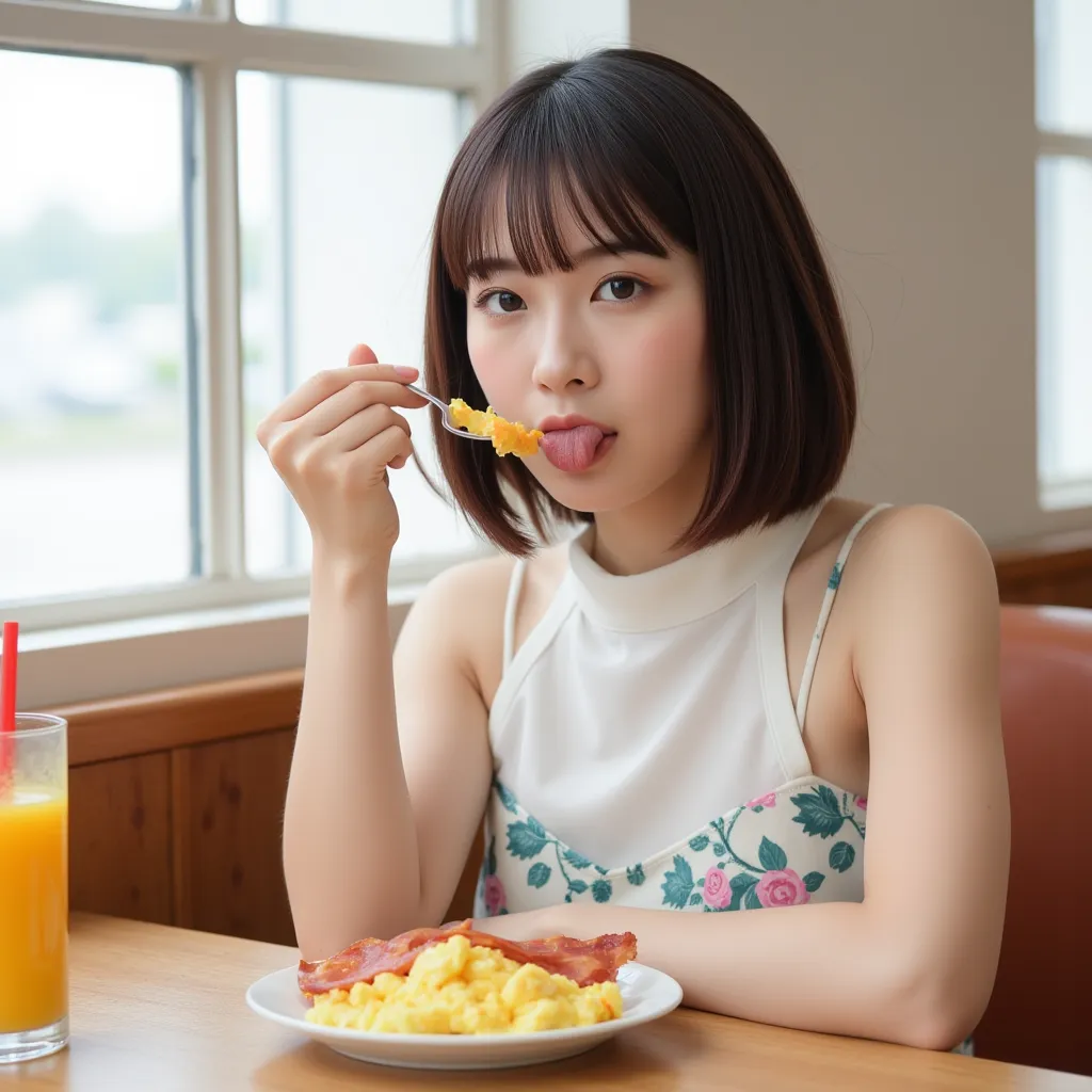 A young woman with shoulder-length brown hair, sitting at a wooden café table near a large window with soft natural light. She is wearing a sleeveless, high-neck white top and a floral-patterned skirt. She holds a fork with a small piece of food in her rig...