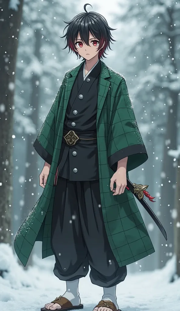 A highly detailed, full-body live-action cosplay of Tanjiro Kamado from Demon Slayer, standing in a snowy forest with mist in the background. His face is youthful with large, expressive red eyes, a soft yet determined expression, and his distinct forehead ...