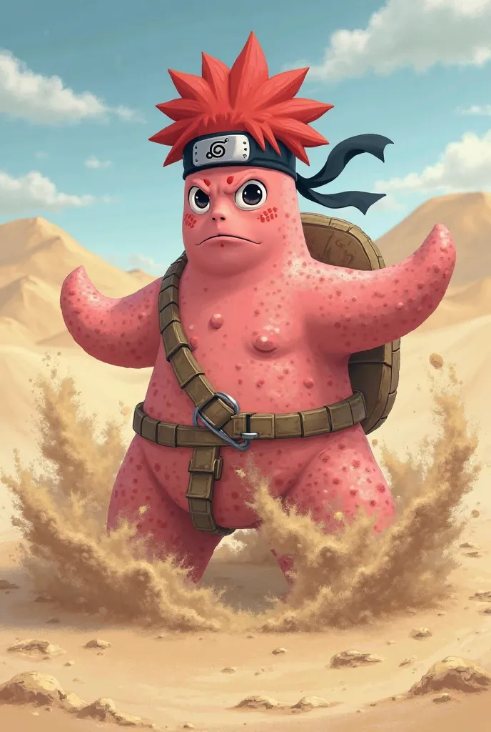 "Patrick in the style of Gaara de Suna. He has the body of a pink starfish, but with red hair and a cold and calculating expression, like Gaara. Patrick is wearing a Konoha headband and a sandbag on his back, ready to control the sand with his chakra. He i...