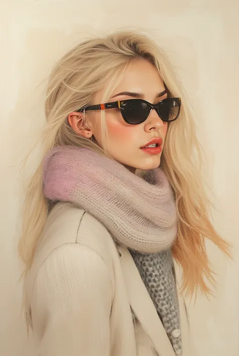 An artistic sketch of a modern sunglasses, scarf, beautiful woman, long blond hair, big earings. The portrait features a mix of minimalistic linework and painterly strokes in soft, muted tones of beige, gray, lavender, and hints of red. The loose brushstro...