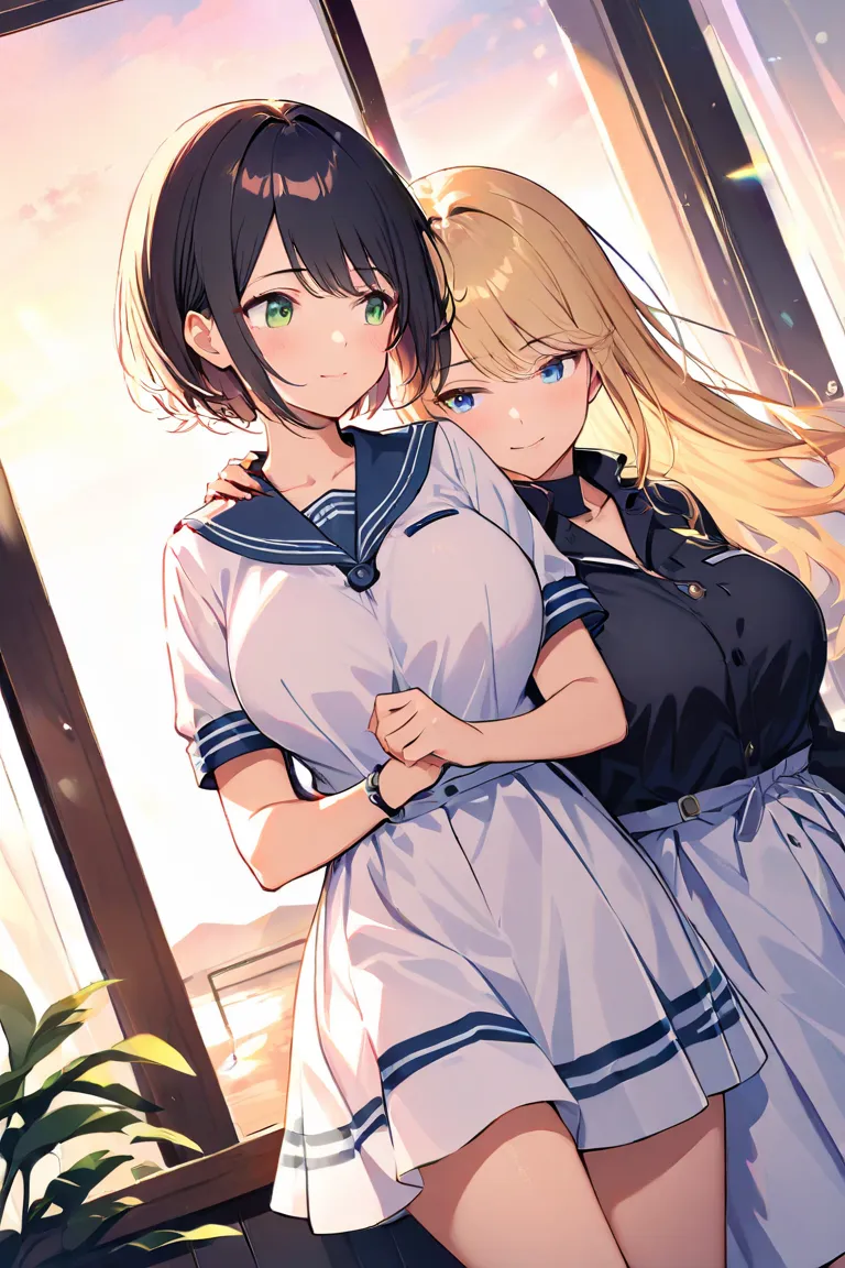 Two girls（（long hair、blonde hair、Big Breasts、 green eyes、Fleeting、A pair of ribbons on the left and right、 sleep 、Lean on your shoulders 、peace of mind、peace））、（（short hair、 black hair、 small tits、 blue eyes、Rin々Shii、Compassion） Hugs a Woman from Behind ）、...