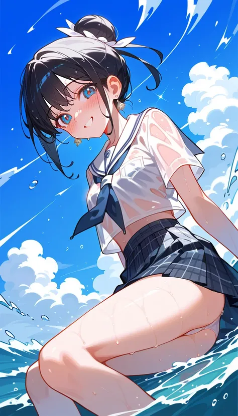 (beautiful girl : 1.3),1 girl,(See-through sailor suit,plaid skirt,earrings, pure white underwear), black hair,bun hair,smile, is embarrassing,blush, get wet,sweat,bare feet,jump,blue sky,sunshine, sandy beach,wave droplets,bra, moving,Dynamic Angle,master...