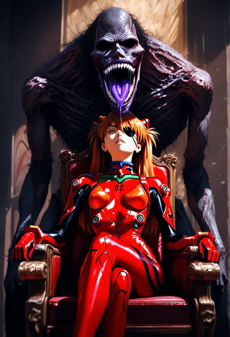 1girl, souryuu asuka langley, neon genesis evangelion, eyepatch, red plugsuit, sitting, on throne, crossed legs, head tilt, looking slightly annoyed, face perfectly symmetrical, no distortion, natural expression, proportional body composition, (humanoid cr...