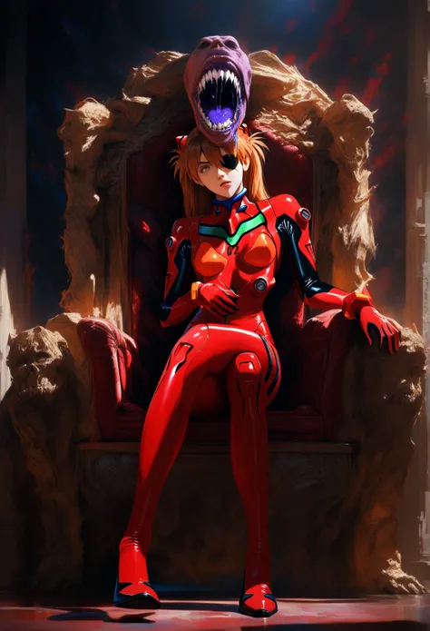 1girl, souryuu asuka langley, neon genesis evangelion, eyepatch, red plugsuit, sitting, on throne, crossed legs, head tilt, looking slightly annoyed, face perfectly symmetrical, no distortion, natural expression, proportional body composition, (humanoid cr...