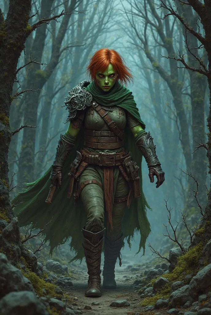 Goblin, Kobold, woman, Small,  green skin, short red hair,  leather armor, Scar over eye, facial scars,  cloak, Forest, fog, Night, grim, rock