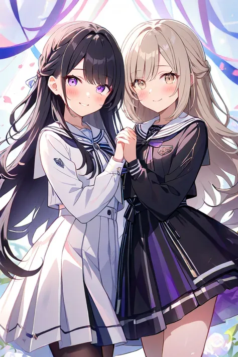  2 women、 character for V21（ light beige hair、shoulder-length hair、Curl inward、 white sailor suit、灰色チェックのミニskirt、Light beige eyes、Long、smile）、 character for V2２（ black hair、long hair、 black suit、bottom（skirt）、 purple eyes）、 blush、 and stare at each other、p...