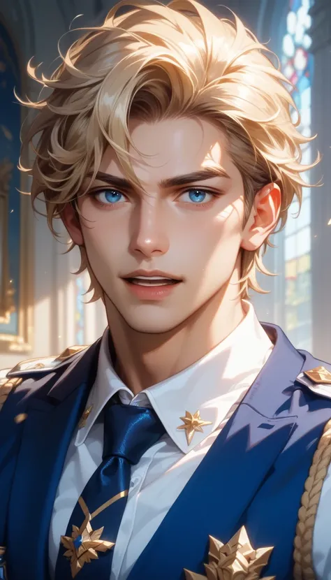 ((best quality)), ((Masterpiece)), (details), (perfection), 1male, adult male, (light blonde hair, blue eye , Handsome) , student uniform, dark blue necktie, white shirt, looking at viewer , sexy,exercised body, reality,upper body, male focus, focus,out of...