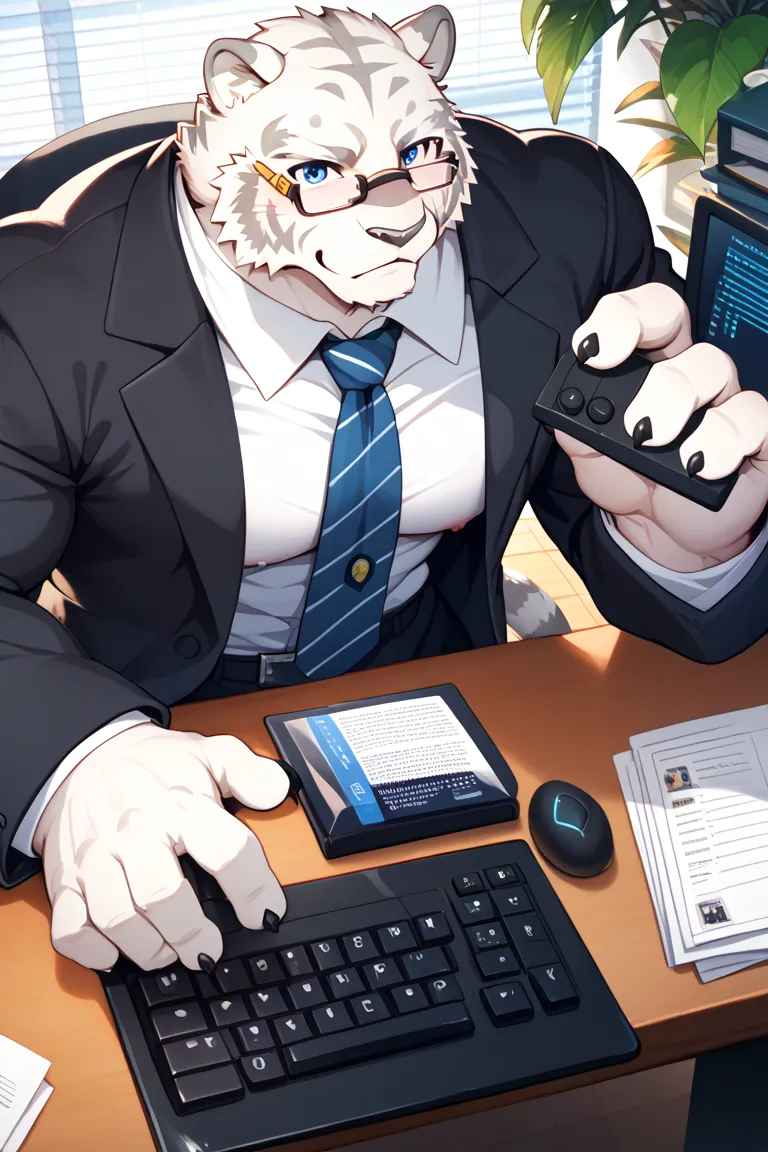 Zero Mercenaries,Mercenaries of the Evil One, cat, Mammals,  white tiger, fur, Grey Nose,  blue eyes, male,  muscular, company,  office, desk work,  computer,  keyboard, typing, suit, ビジネスsuit,  businessman, tie, Glasses, tail, serious expression,  compute...