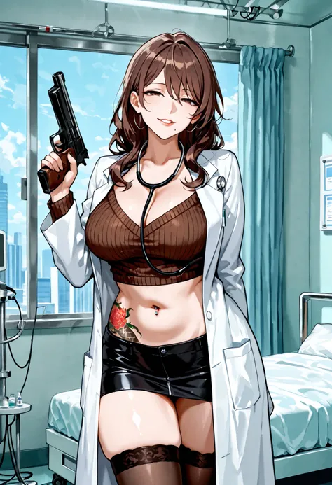 score_9, score_8_up, score_7_up, score_6_up, uncensored, BREAK,
Katsuragi Aiko is standing,, (stethoscope:0.9), (5 fingers:1.1),
1girl, mature female, solo,
looking at viewer,   parted lips,
brown hair, long hair, brown eyes, mole under mouth,
lab coat, br...