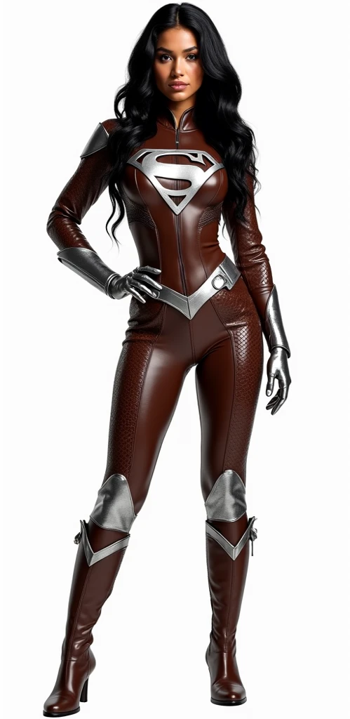 A beautiful and gorgeous Native American heroin black hair Terra,, wearing leather brown and silver honeycomb textured tight fit leather spandex costume. Silver details and trimmings..Silver gloves and belt and knee high boots.. hero suit with T symbol on ...