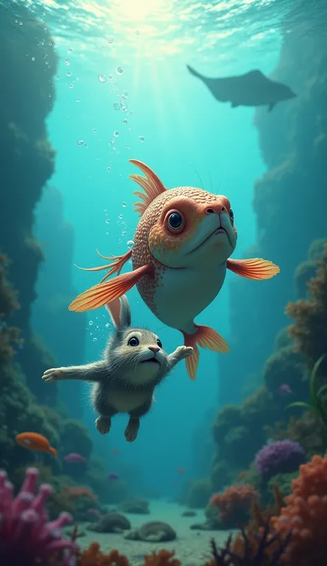 The fish immediately came to help and pushed the rabbit back to safety. Make it realistic. Make it realistic.
