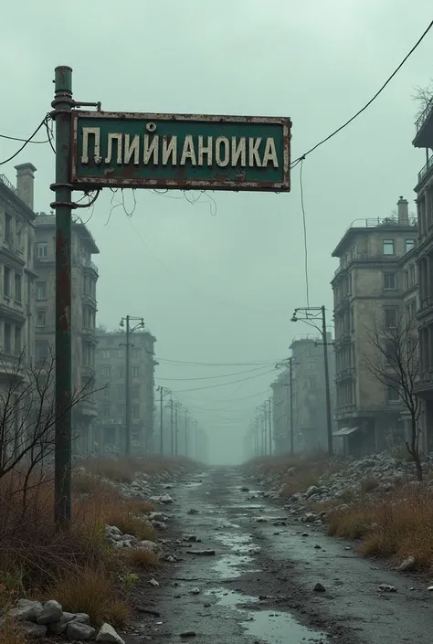 Draw an abandoned city in front of which there is a road sign called KRINZHANOVKA (in Russian script)