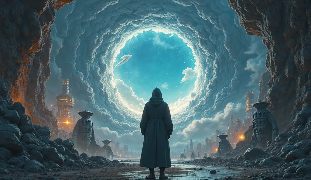 a wallpaper that conveys the complexity of alternative realities where a lonely person wearing a robe and hoodie looks straight into a huge interdimensional portal where you can see cities with different creatures, Androids, Spaceships in the distance, a s...