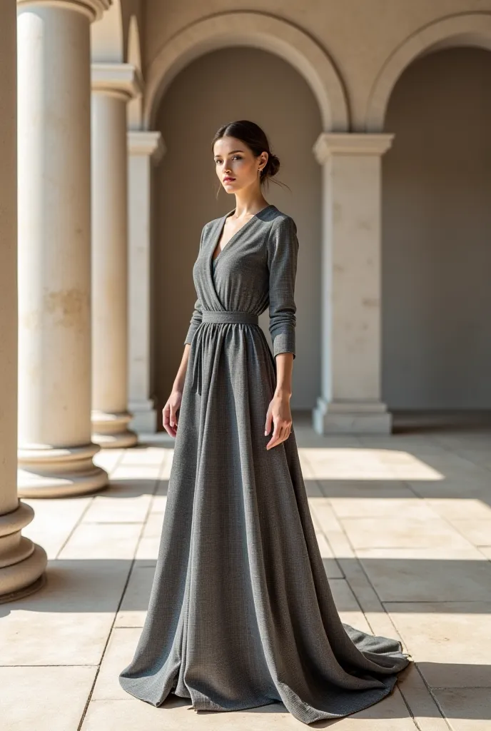 Create a modell wearing gray classic plaid long dress inside a simple rome 4 layouts 