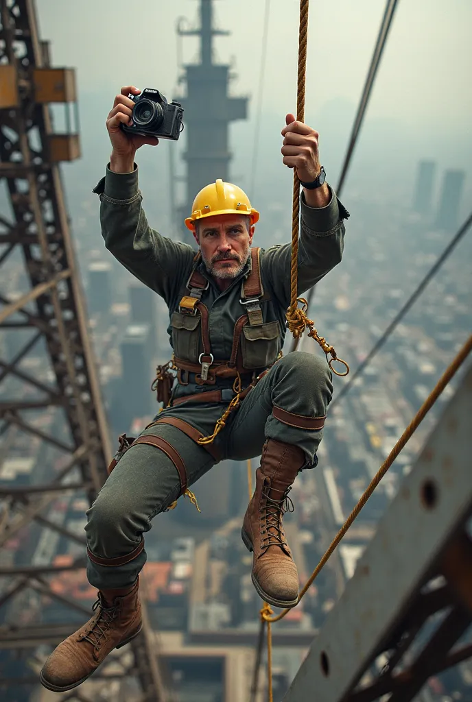 selfies. an industrial climber hanging from a rope, wearing a construction uniform and a yellow helmet. Smiling, taking pictures of himself at a height