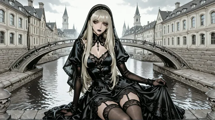 A gothic ethereal woman with long, platinum blonde hair, dark dramatic eye makeup, and black lipstick, wearing a delicate lace dress with black lace stockings and gloves. She sits on an old stone balustrade near a river, surrounded by pigeons. A vintage Eu...