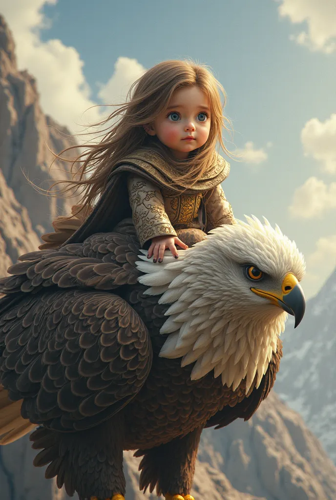 Realistic smart baby with long hair wearing eagle costume , She is sitting on top of a giant eagle  