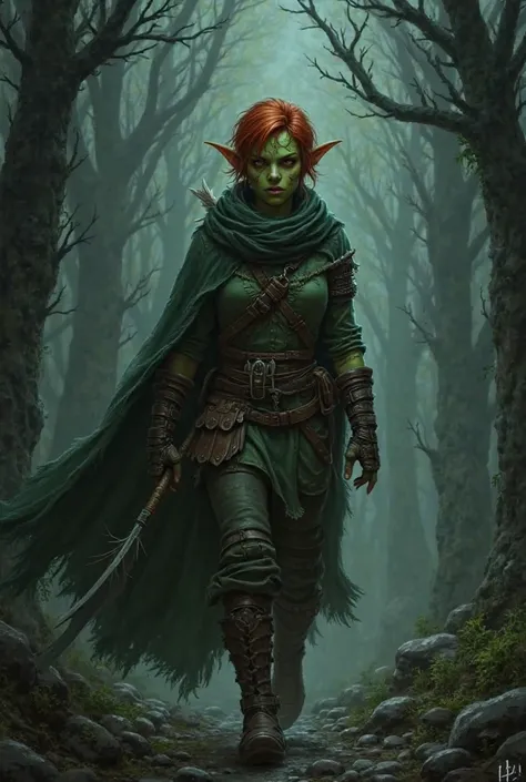 Goblin, Kobold, woman, Small,  green skin, short red hair,  leather armor, scar over eye, facial scars,  cloak, Forest, fog, Night, grim, rock