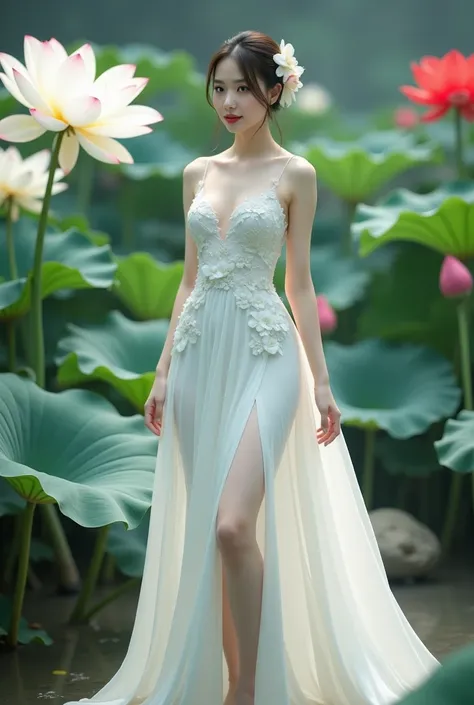 a woman in an elegant, flowing white gown adorned with floral designs. She is standing in a serene environment surrounded by large lotus flowers in various colors, including white and red, along with broad green leaves. The setting resembles a tranquil gar...