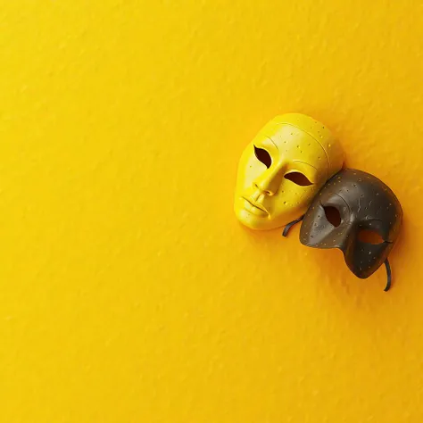 Yellow surface photograph, serving as a background with 2 traditional carnival masks one black and one yellow in the upper right corner.