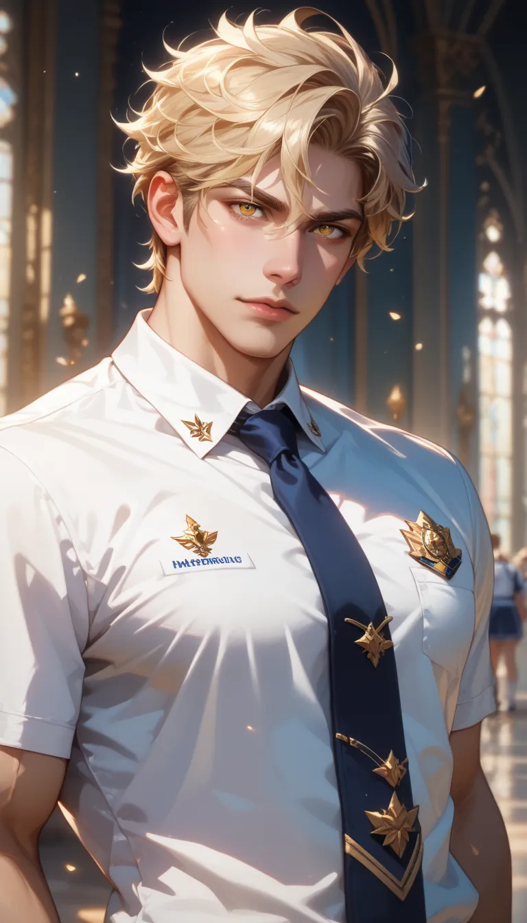 ((best quality)), ((Masterpiece)), (details), (perfection), 1male, adult male, (light blonde hair, yellow eye , Handsome) , student uniform, dark blue necktie, white shirt, looking at viewer , sexy,exercised body, reality,upper body, male focus, focus,out ...