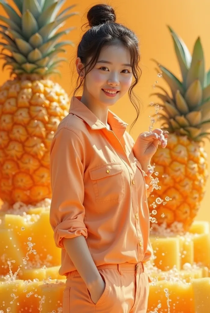 A really scene where there is a beautiful Korean woman,Smooth white skin,,smiling while looking at the camera with black hair twisted in Korean style ,Light orange shirt, knee-length cargo pants ,  white underwear that is palpable, The pineapple slices sho...