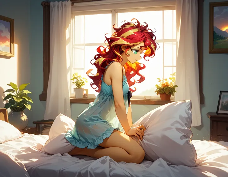 Sunset shimmer, wavy hair, messy hair, wearing a loose nightgown, small breasts, cute, morning sun shining through window, bright, optimistic, dawn, very detailed, masterpiece, high quality, bright colors, on a messy bed, pillow humping