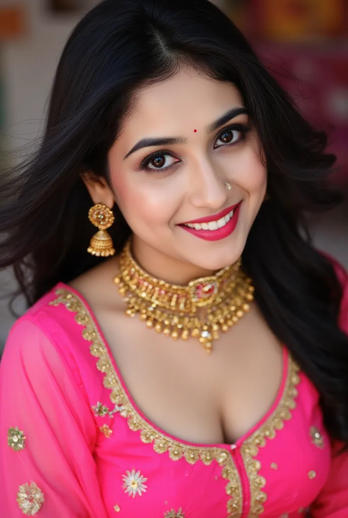 A captivating portrait of a young woman with flowing dark hair and a warm smile, captured in soft, natural light that highlights her features. She wears a richly embroidered traditional outfit adorned with bright colors, including pink, yellow, and green, ...