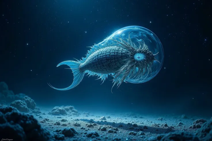 beautiful deep sea　High transparency　Cambrian
Anomalocaris is swimming
Are the Olenoids swimming too
Haplofrentis is swimming too　There are also trilobites
　seabed　sand　Moonlit Night　universe　star　Shine　realistic　 fantastic　like Christian Lassen　realistic　...