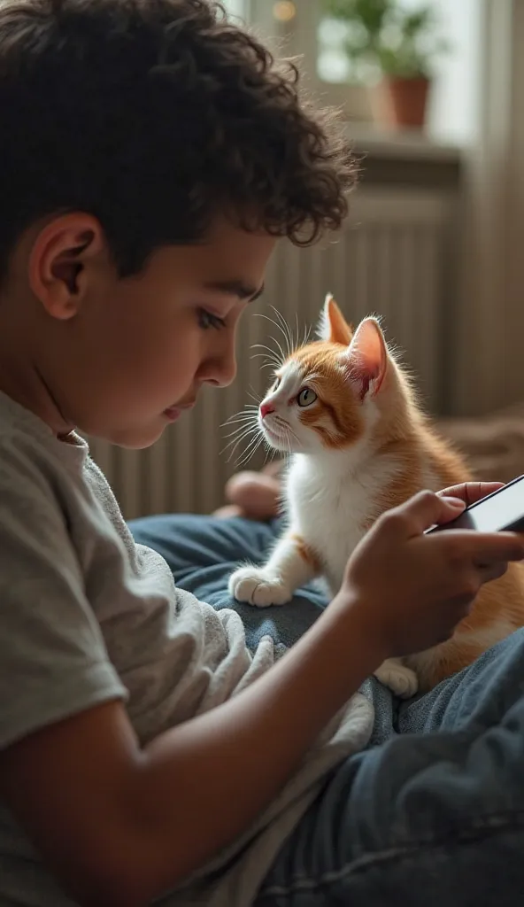 Image Prompt:
"Milo excitedly jumps onto Aarav’s lap, its small white and orange paws reaching towards him. But the same age Aarav, now focused on his phone, gently pushes the cat away without even looking. Milo’s ears droop, and its eyes show deep sadness...